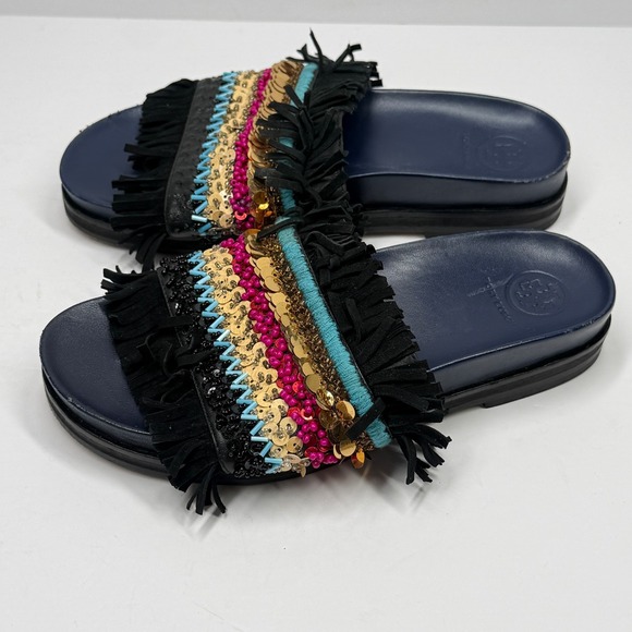 Tory Burch Isle Slide Sandals Embellished Fringe Black Leather Size 6.5M - Picture 3 of 6